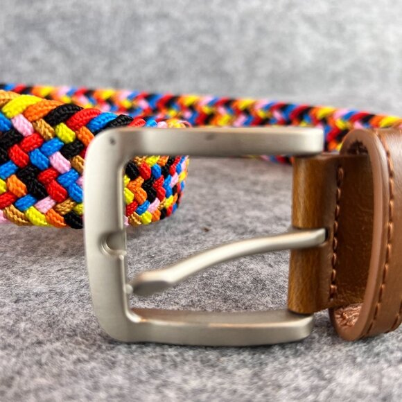 Woven Rainbow Multicolor Elastic Braided Belt Silver Buckle Brown Leather Trim - Picture 12 of 13